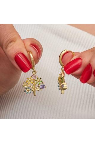Kenpazar Gümüş Gold Renkli Taşlı Hayat Ağacı Kadın Küpe Gümüş
