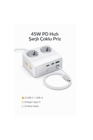 45w Pd Hızlı Şarjlı 2 Li Akım Korumalı Priz 2x Type-c + Usb-a 2500w Çoklu Şarj İstasyonu 1