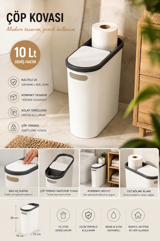 Porsima M-325 Çöp Kutusu Banyo Mutfak Çöp Kovası Kapaklı Banyo Çöp Kovası 10lt Beyaz