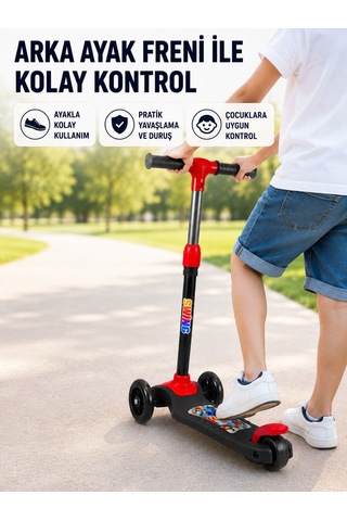 3 Tekerlekli Çocuk Scooterı Ayarlanabilir Gidonlu Kaymaz Geniş Tabanlı