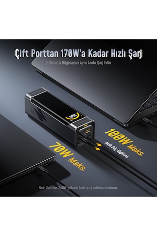 Aohi The Black Warrior 25.200 Mah 170w Pd3.0 Powerbank, Akıllı Dijital Göstergelitaşınabilir Hızlı Şarj Cihazı, Siyah