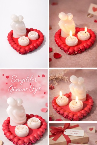 Sevgili Çift Biblo & Gül Mumlu Kalp Tepsi Vanilya Kokulu Romantik Dekor Seti Çok Renkli
