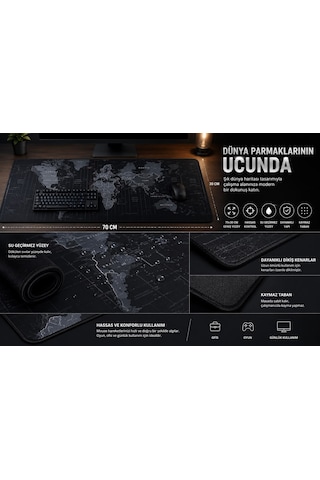 Dünya Haritası Desenli Oyuncu Mouse Pad Kaymaz Taban 70x30