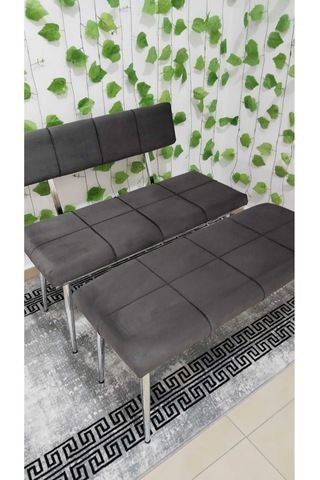 Özcan Metal Krom Metal Ayaklı Bench Sırtlı Mutfak Salon Antre Yatak Odası Puf Bank Oturak Takımı Gri