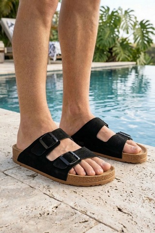 Rungo Comfort Çift Bantlı Nubuk Unisex Terlik Günlük Sahil Plaj Terliği Siyah