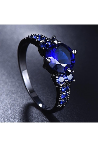 Vintage Mavi Yuvarlak Kristal Siyah Altın Renk Yüzük Alyanslar Kadınlar Için Aşk Promise Nişan Takı 5 Çok Renkli