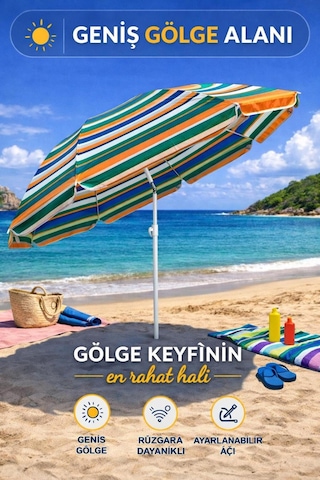 Turuncu-yeşil Çizgili 170 Cm Ayarlanabilir Polyester Ekose Kumaş Plaj Şemsiyesi