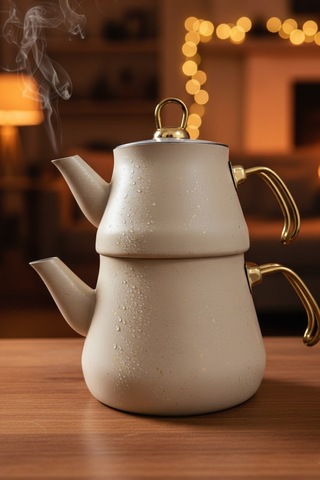 Yunusoğlu Home Granit Kaplama Gold Kulplu Cam Kapak Çaydanlık Krem Krem