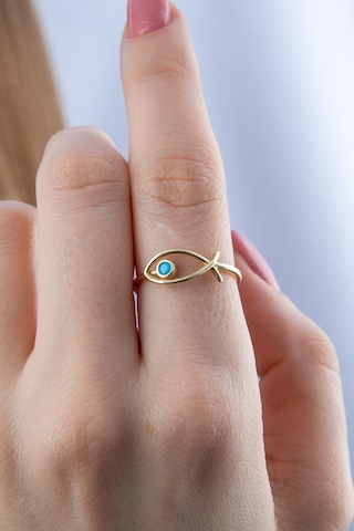 14 Ayar Altın Büyük Firuze Taş Detaylı Balık Yüzük Pembe Altın