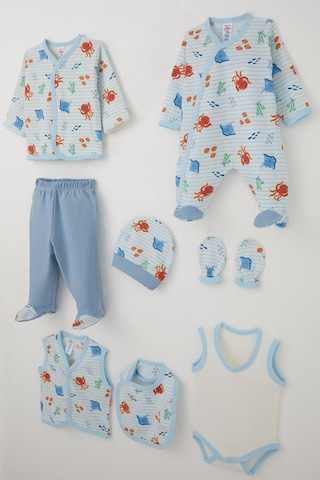 Breeze Erkek Bebek Hastane Çıkışı 8 Li Sevimli Deniz Hayvanları Desenli 0-3 Ay, Beyaz Beyaz