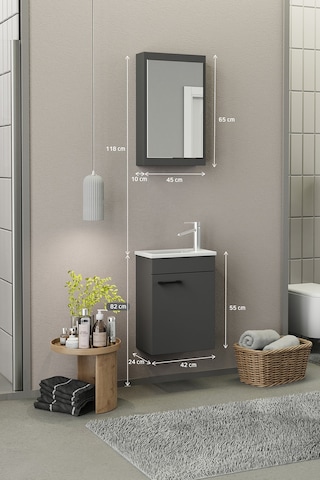 Biani Fix Loft Mini 42 Cm Banyo Dolabı,Seramik Lavabolu, Aynalı,Lavabo Dahil,Mdf,Mat Gri
