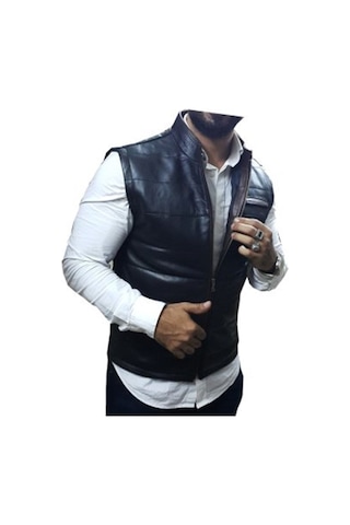 Hakiki Deri Siyah Hakim Yaka Yandan Cepli Erkek Deri Yelek Siyah
