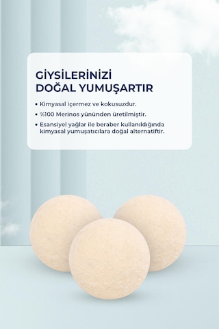 3 Lü Yün Kurutma Topu Doğal Çamaşır Yumuşatıcı - Keçe Kurutma Makinası Topları - Kırışık Önleyici, Tüy Toplayıcı Ve Lavanta Yağ Hediye