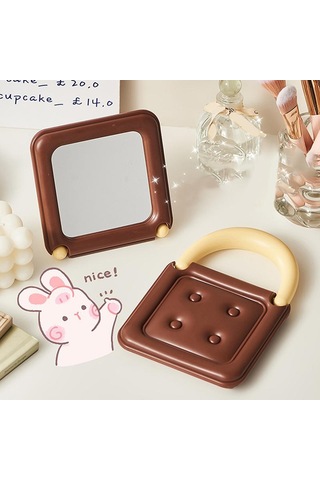 Sevimli Çikolata Kare Ayna Çift Taraflı Katlanır Kompakt Ayna Çanta İçin Makyaj Aynası Taşınabilir Mini Ayna Masaüstü Dekoru Kahverengi