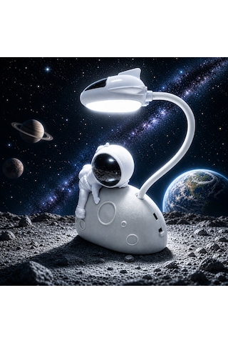 Özeltasarım Ay Üstünde Beyaz Astronotlu Gece Lambası Beyaz Led Işıklı Astronotlu Masa Lambası Şarjlı
