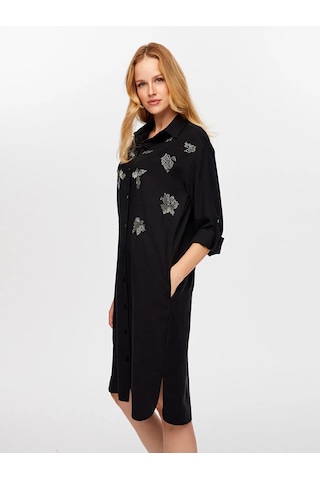 Faik Sönmez Boncuk İşi Nakışlı Uzun Kollu Kadın Gömlek Elbise Uw26elb014 Siyah