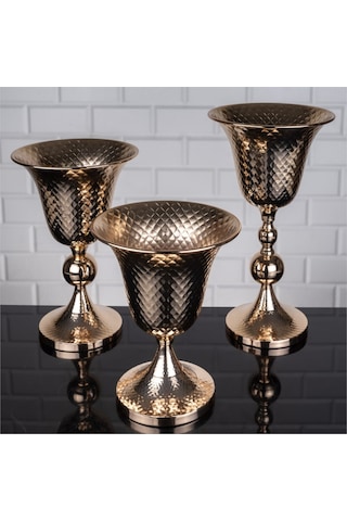 Lüks Vazo Seti 3 Lü Dövme Vazo Altın Rengi 38-32-25 Cm