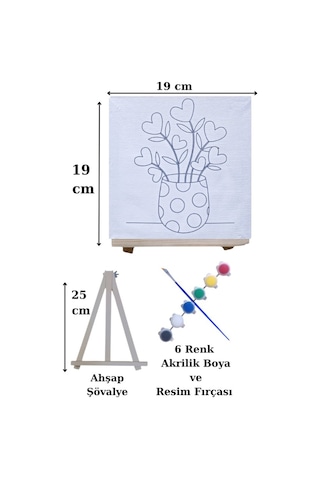 Saksıda Çiçek Tuval Boyama Aktivite Seti 19x19 Cm Tuval, Şövale, Fırça Ve 6 Renk Akrilik Boya Seti