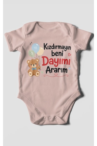 Morivokids Kızdırmayın Beni Dayımı Ararım Kısa Kollu Bebek Body %100 Pamuk Pastel Pembe