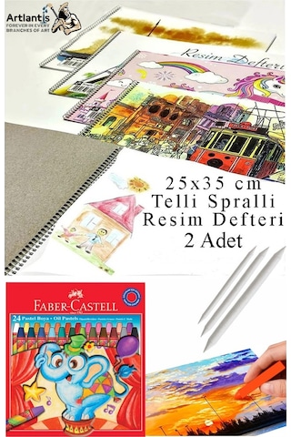 24 Renk Pastel Boya 25x35 Cm Telli Spralli Resim Defteri Pastel Dağıtma Kalemi 15 Yaprak Resim Defteri Yağlı Pastel Çok Renkli