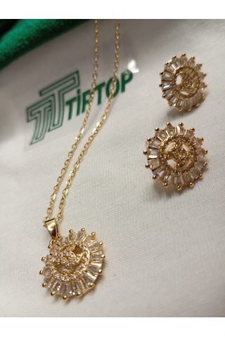 Tiptop/ Gold Renk Zirkon Taşlı Güneş Model Kolye Ve Küpe Set Gold