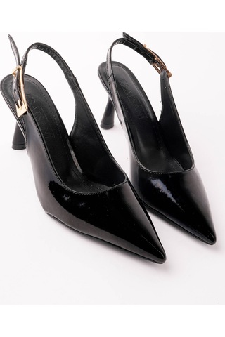 Esatsani Siyah Rugan Sivri Burun 9 Cm Topuklu Ponci Stiletto Kadın Ayakkabı Siyah Rugan