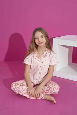 Rapapa Kız Çocuk Yazlık Likralı Penye Düğmeli Pijama Takımı 30271- Pembe