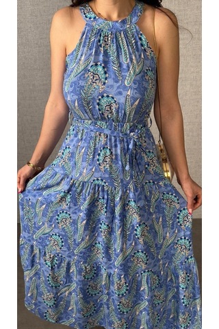 The İstanbul Kadın Omuzlardan Açık Boyundan Geçmeli Desenli Süprem Bluz Mavi