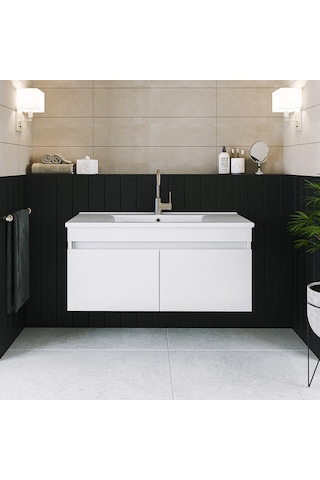 Banos Ld3 Ayaksız 2 Kapaklı Lavabolu Beyaz 100 Cm Banyo Dolabı Beyaz