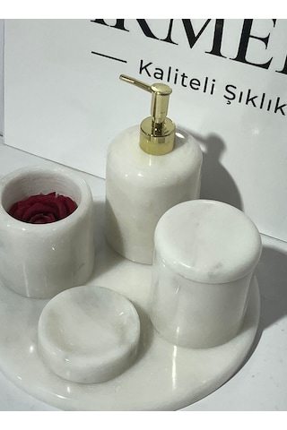 Akmera Elite 5 Parça %100 Gerçek Mermer Banyo Seti Beyaz - Gümüş