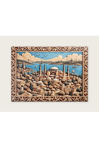 Ahşap Oyma Çerçeve Görünümlü İstanbul Silüeti Ve Ayasofya Temalı Dekoratif Ahşap Tablo 72 52 Cm Açıklama: Uv Baskı Tablodur, 3 Boyutlu Değildir.