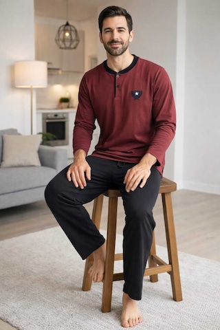 Tenra Erkek Pijama Takımı %100 Pamuk Uzun Kol Bordo