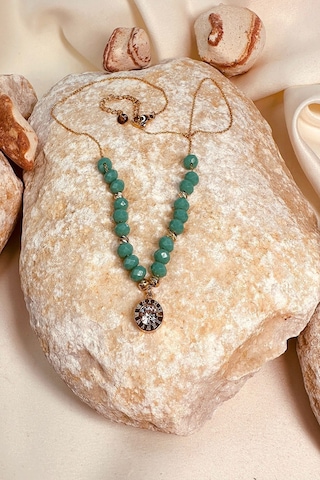 Turkuaz Boncuk Zirkon Tek Taşlı Gold Renk Paslanmaz Çelik Kadın Zincir Kolye