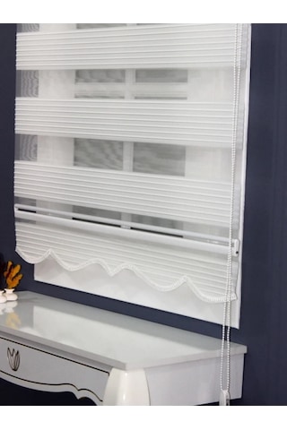 Ekru Mat Beyazı Geniş Pliseli Zebra Stor Perde Etek Dilimli Alüminyum Kasa Metal Ayak Beyaz