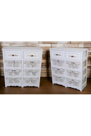 Ahşap 8 Çekmeceli Hasır Görünümlü Sebzelik Beyaz