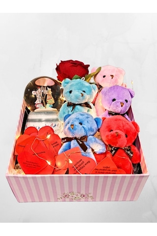 Romantik Hediye Kutusu Işıklı Kalpli Mesajlı Kar Küresi Ve Peluş Ayıcıklarla Dolu Sevgiliye Hediye Renkli