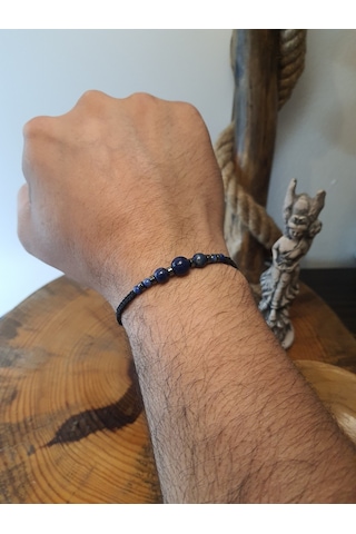 Jtss26blk1870 Lapis Lazuli Ve Hematit Doğaltaş Makrome İp El Örmesi Sarı Gold Siyah Unısex Bileklik Garantili Kutulu Janti Bileklik