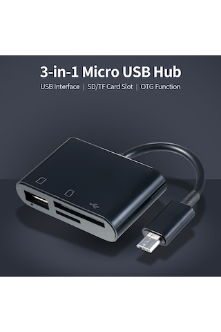 Mufunye Micro Usb Hub 3-in-1: Usb 2.0 Dönüştürücü + Sd/tf Kart Okuyucu, Telefon İle Klavye/kamera Bağlantısı, Siyah