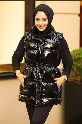 Hb Harma Time Butik Kadın Çıt Çıtlı Fermuarlı Cepli Siyah Parlak Şişme Yelek