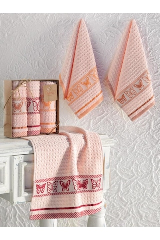 Mutfak Havlu Seti 3 Lü Jakarlı Pamuk Butterfly Pembe