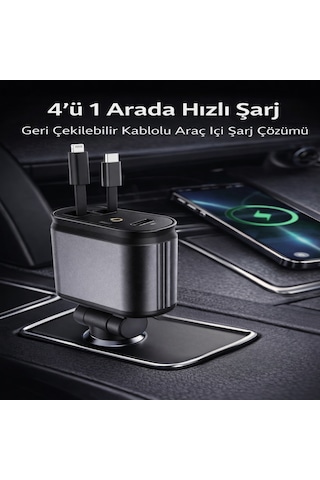 66w Hızlı Araç Şarj Cihazı 4 Ü 1 Arada Geri Çekilebilir Kablolu Type-c Lightning Usb Araç İçi Şarj Adaptörü 12v-24v