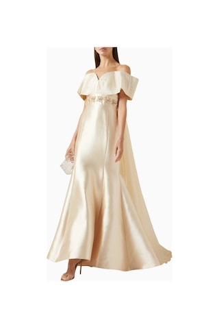 Ac By Aanchal Chanda Embellished Off - Shoulder Omuz Açık Saten Balık Form Kadın Elbise Bej