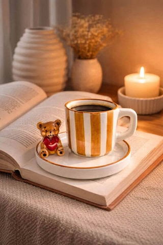 Erd Seramik Ayıcıklı 180 Ml Duble Türk Kahvesi Fincanı Tabaklı Çizgili Espresso Kahve Kupası 1 Adet Açık Kahverengi