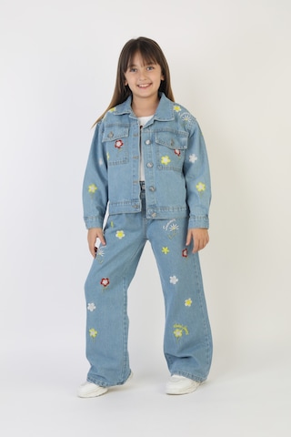 Moonch Papatya Ve Çiçek Nakışlı Kız Çocuk Denim Ceket&pantolon Takım Mavi