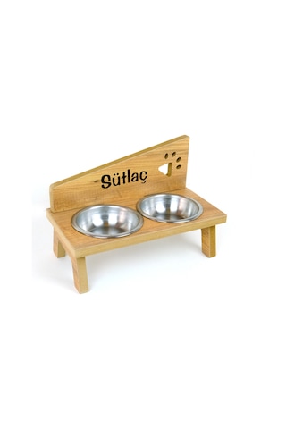 Özel Isim Baskılı, Ahşap, Çelik Kaseli Kedi- Küçük Irk Köpek Mama Ve Su Kabı