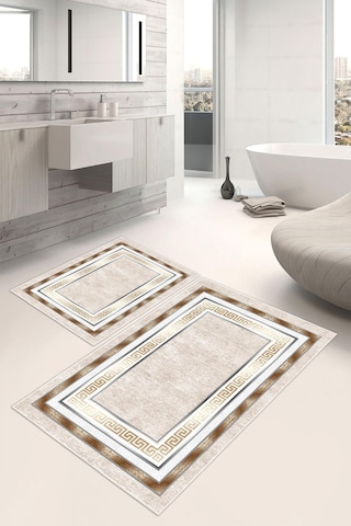 Dijital Baskı Çerçeve Desenli Kaymaz Taban 2li Set Banyo Paspası Klozet Takımı 50x60cm-60x100cm krem