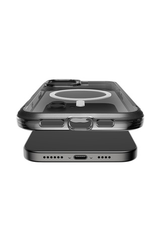 Apple Uyumlu iPhone 16 Kılıf Magsafe Raptic Air Serisi Airbag Tasarımlı Metal Köşelikli Şeffaf Kapak Siyah Siyah