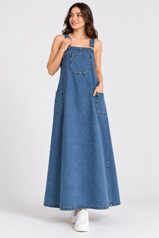 Bul-al Kadın Uzun Denim Jile Elbise Askılı Cepli Jean Elbise Mavi