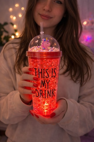 Sevimli Renkli Çılgın 450ml Led Işıklı This İs My Drink Temalı Pipetli İçecek Bardağı Suluk 2642krmz Kırmızı