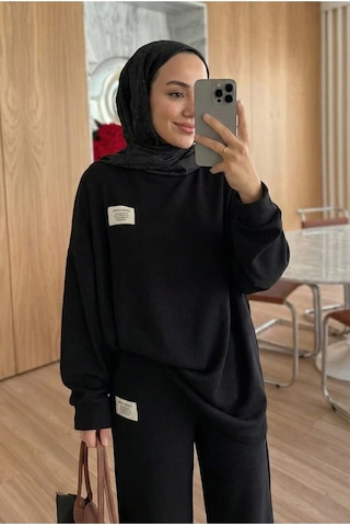 Unika Boutique Fitilli Armalı Detaylı Oversize Kaşkorse Basic Alt Üst Takım Siyah